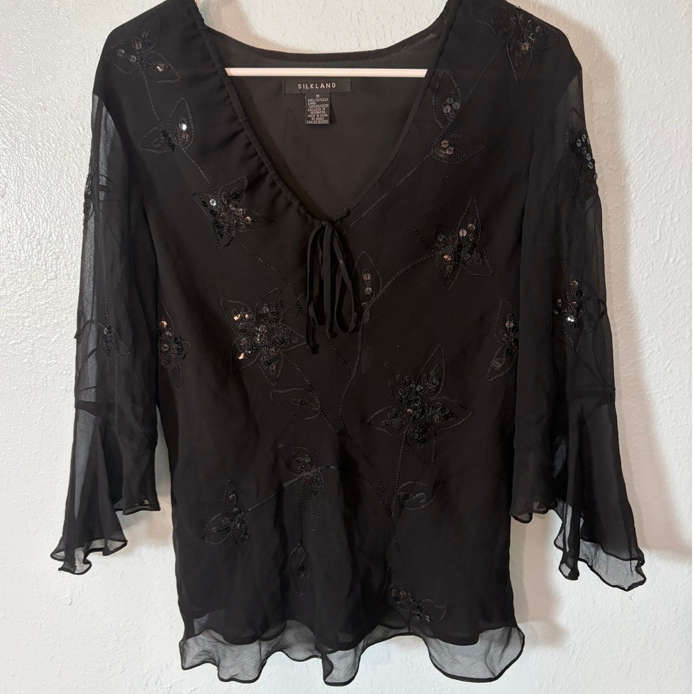 Silkland Black 100% Silk Embroidered Sequin Romantic Goth Top M Dark Feminine